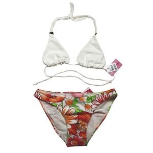 CIA Maritima Bikini Swimsuit Set Halter Top Tanga Brazil White Orange S Floral